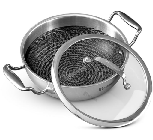Bergner Hitech Triply Non-Stick 32 Cm(5.8 L) Kadai with Flat Glass Lid,Kadhai with Non-Stick Mesh Pattern Inside,Metal Spatula Friendly,Even Heat Distribution,Induction Bottom&Gas Stove Ready,Silver